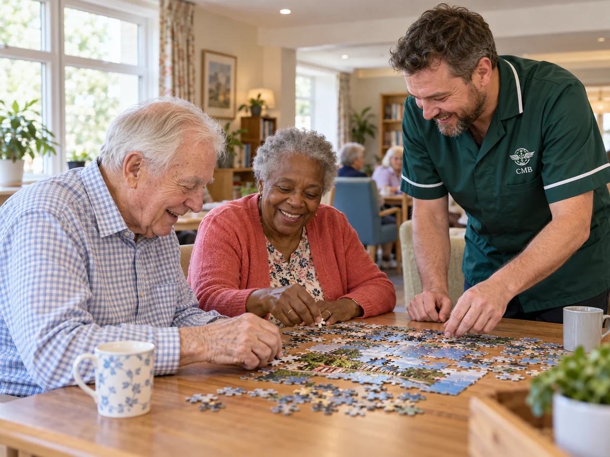 Illustrative communal care-home activity with a CMB care worker and older residents.