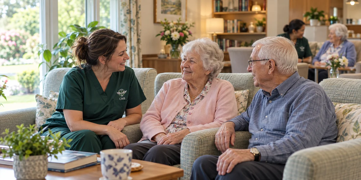 CMB-uniformed care professionals and older adults sharing a conversation in an illustrative care-home lounge.