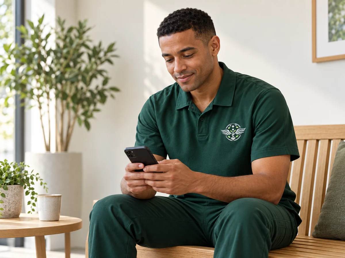 A healthcare professional checking a smartphone; illustrative scene.