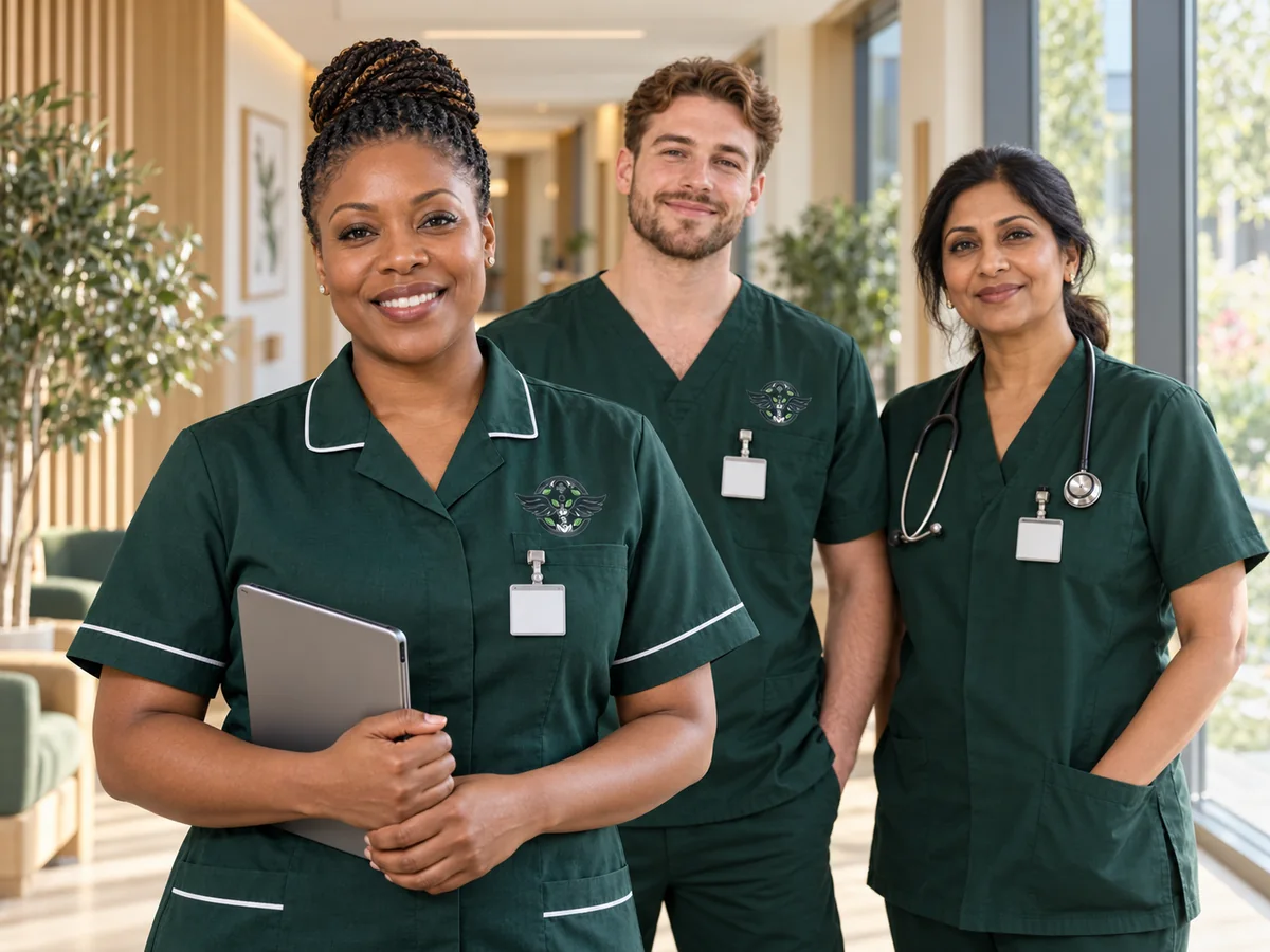 Illustrative healthcare team in CMB green uniforms