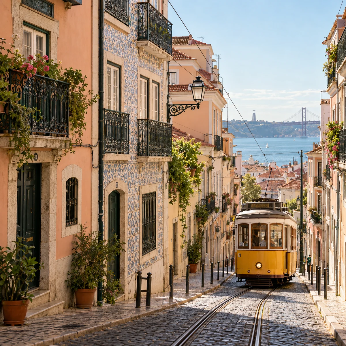 Lisbon street with a tram; illustrative scene