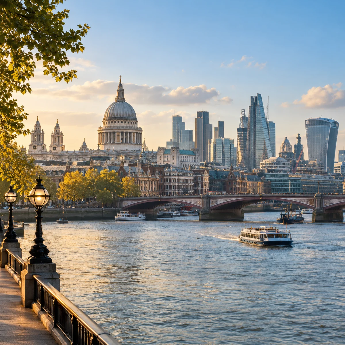 London riverside and skyline; illustrative scene
