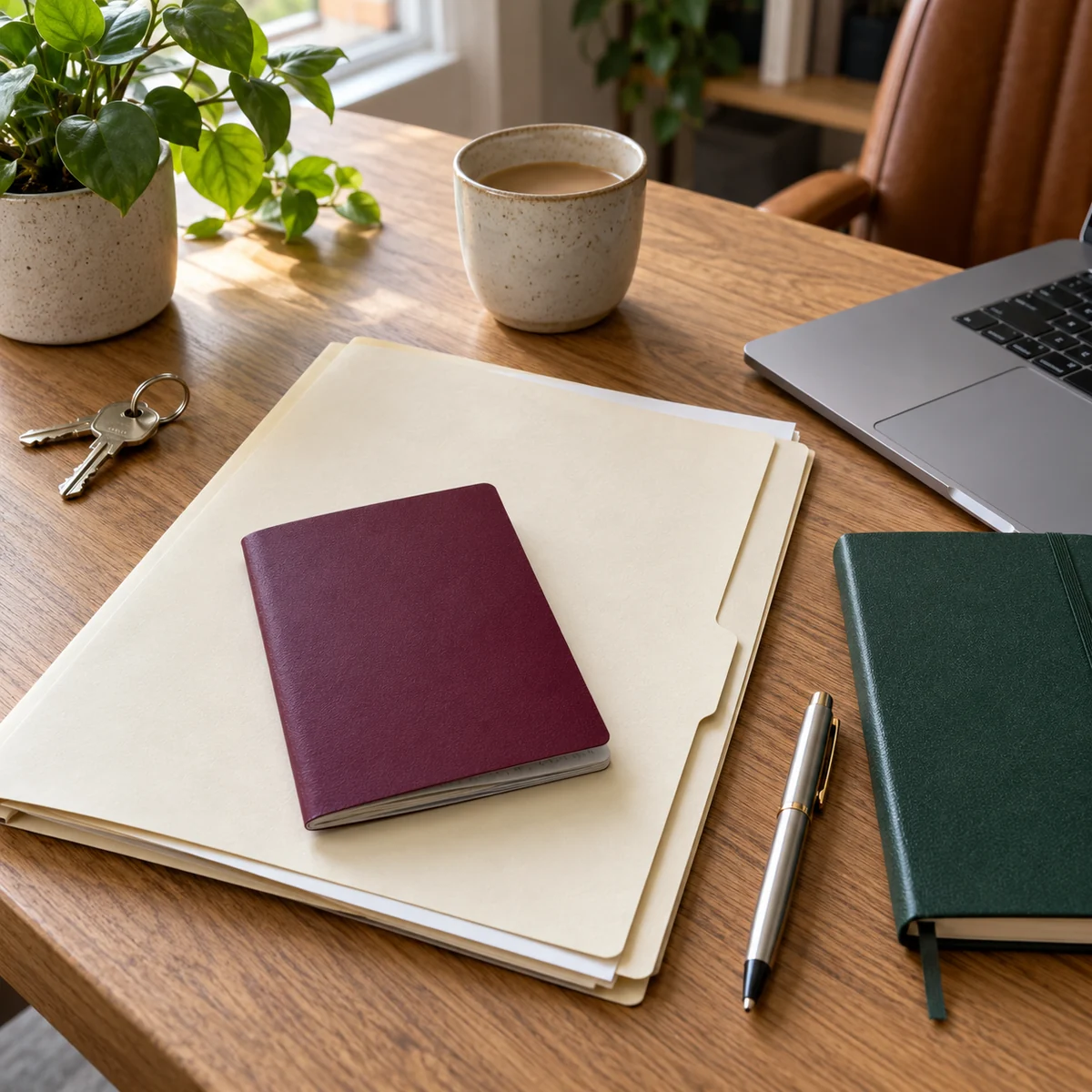 Organised documents, laptop and keys on an office desk; illustrative scene