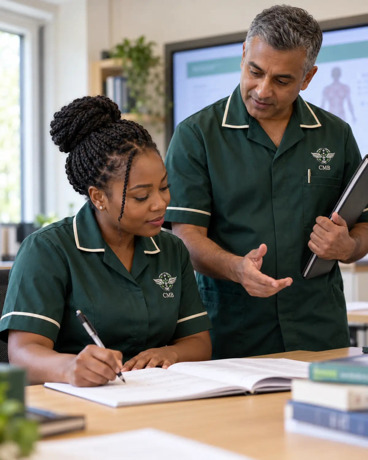 A healthcare professional taking notes with a clinical educator in CMB uniforms; illustrative learning scene.