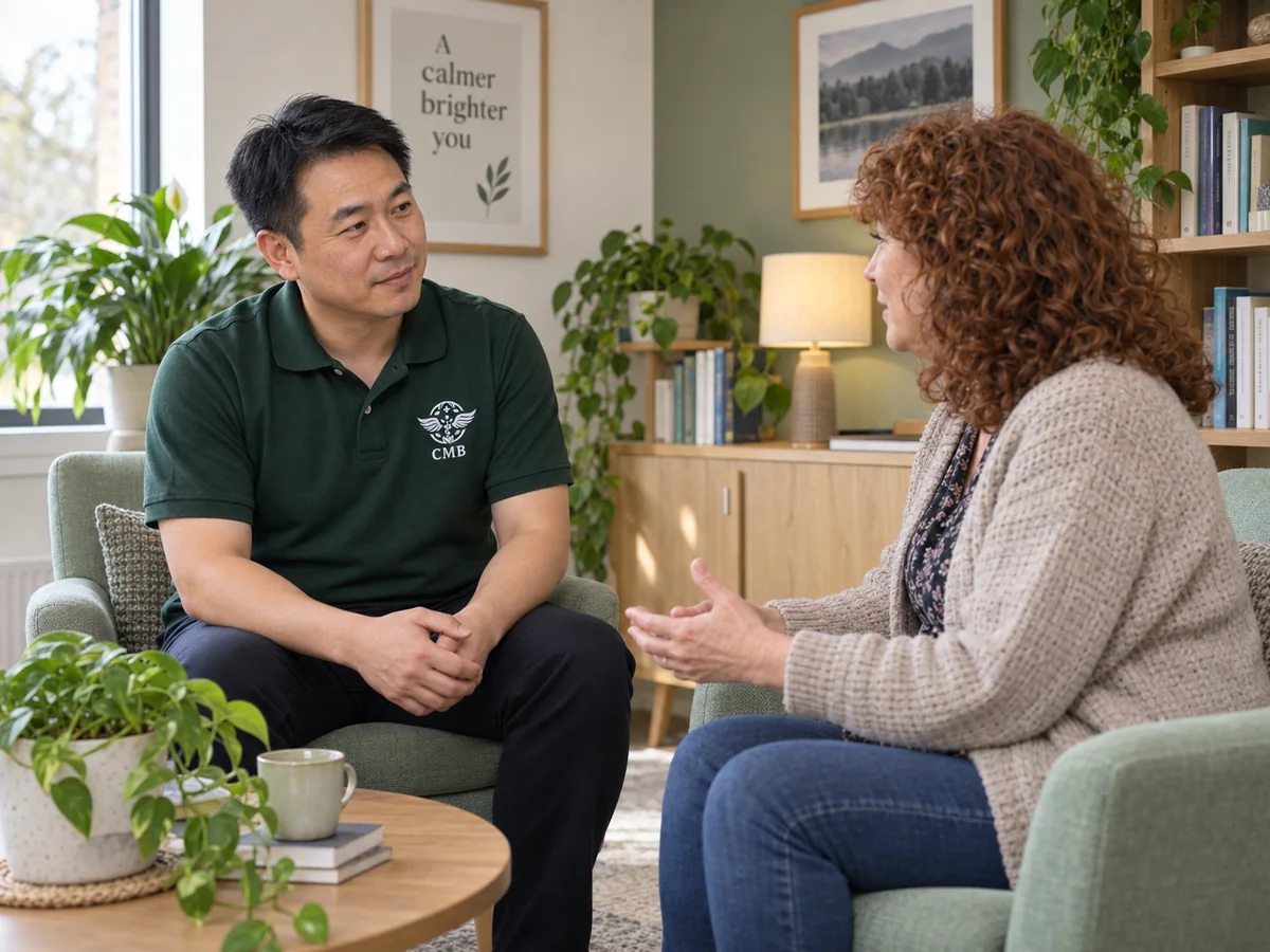 A mental health professional listening to an adult in a calm room; illustrative scene.