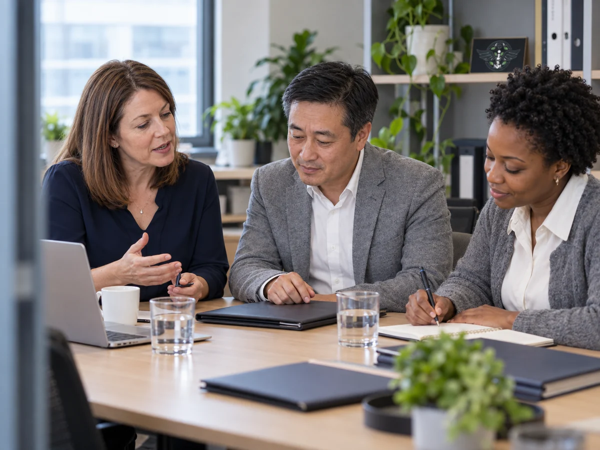 Illustrative office team discussing a working brief